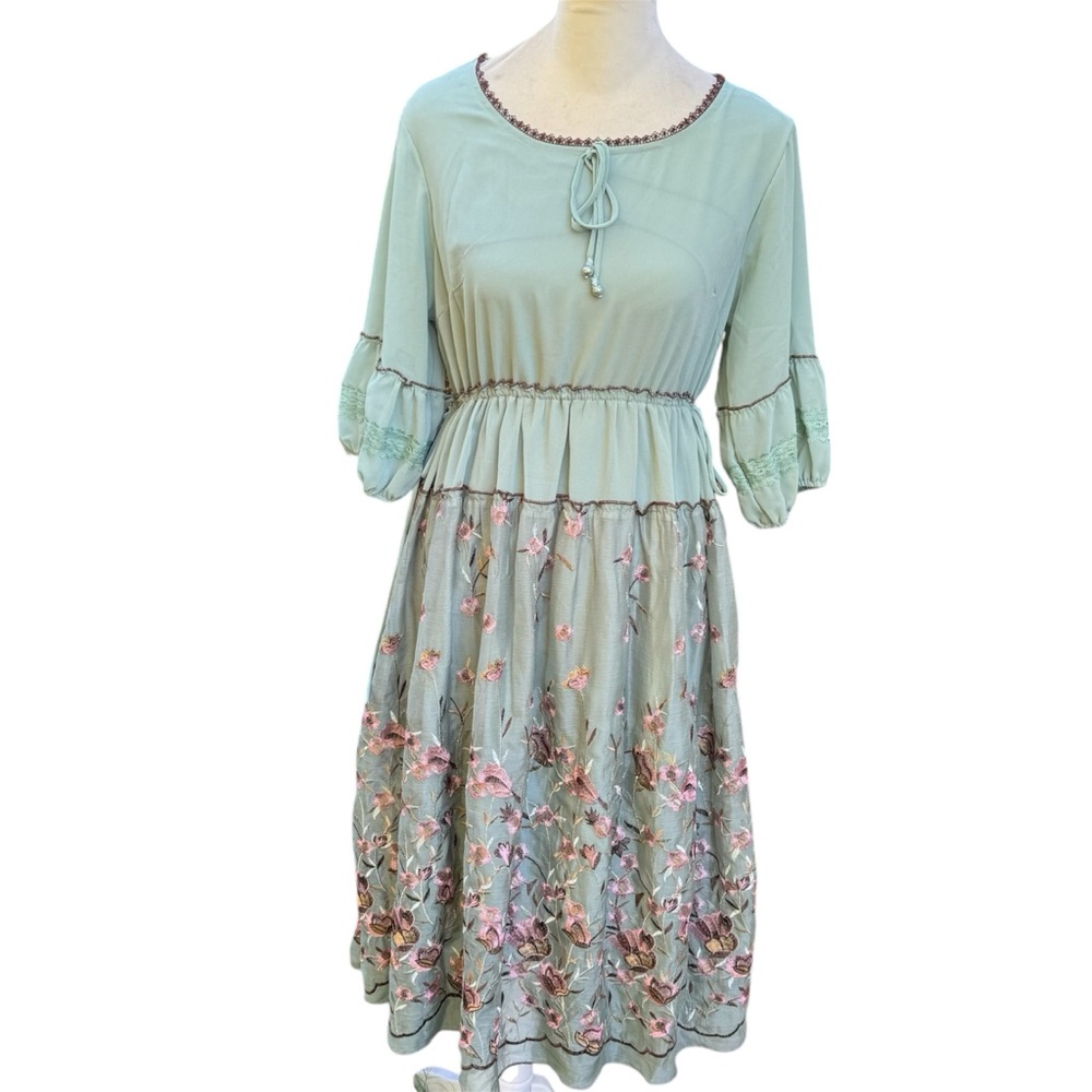 Green Floral Embroidered Cottagecore Fairy Flowy Chiffon Dress